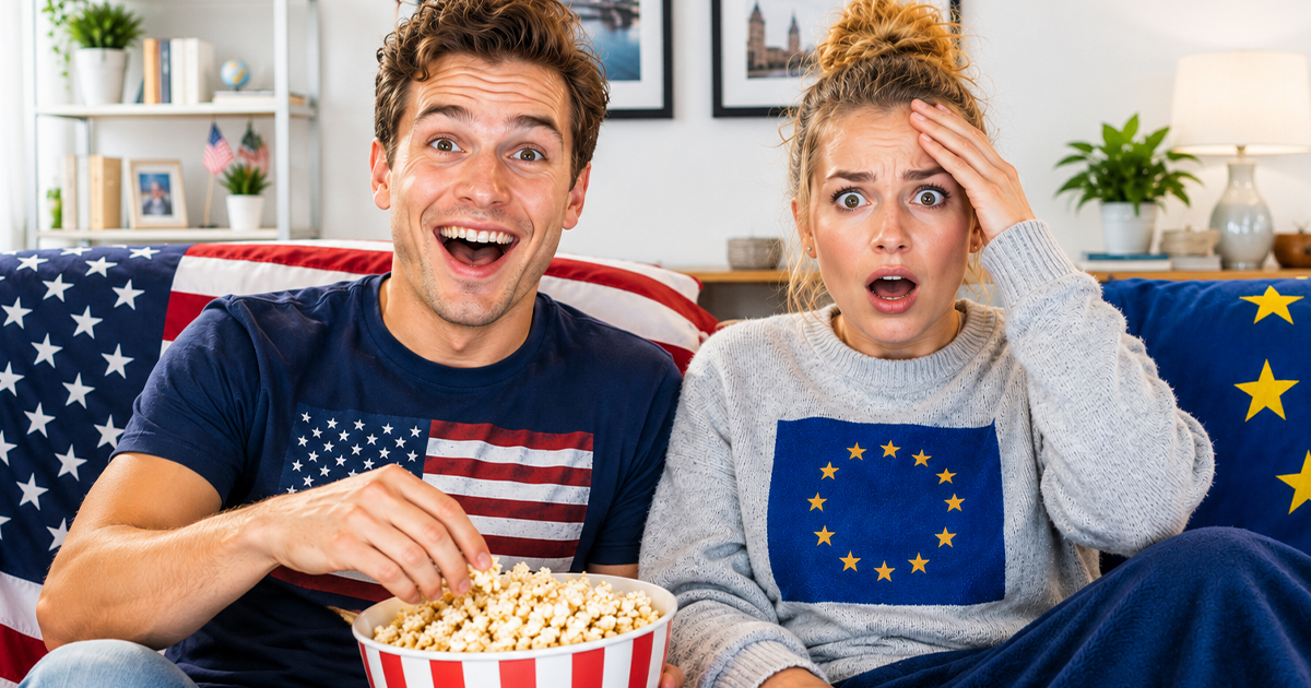 An American man and a European woman watching a movie