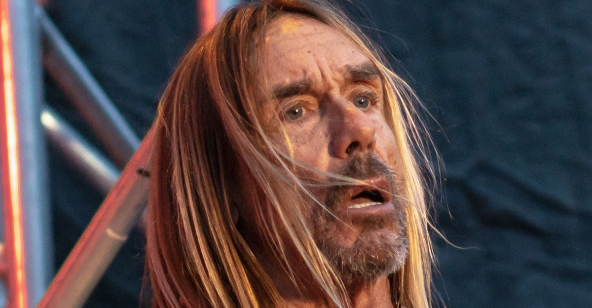 Iggy Pop, lead singer of The Stooges, performing on stage.