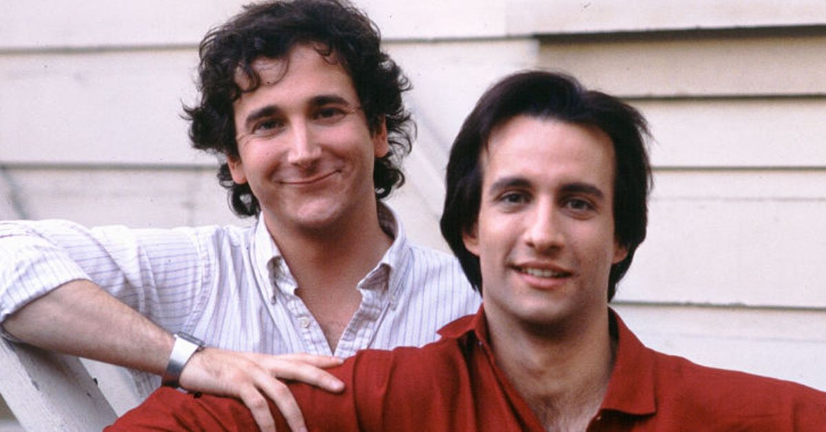 Actor Bronson Pinchot (R) with Actor Mark Linn-Baker in television show Perfect Strangers, March 20, 1986 in Los Angeles, California.