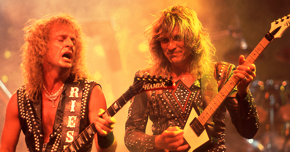Guitarists KK Downing (left) and Glenn Tipton on stage