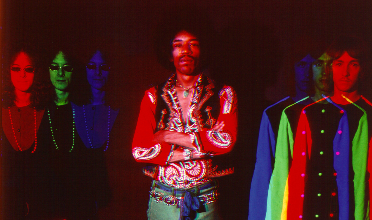 The Jimi Hendrix Experience pose for a psychedelically altered portrait in 1968. (L-R) Noel Redding, Jimi Hendrix, Mitch Mitchell.