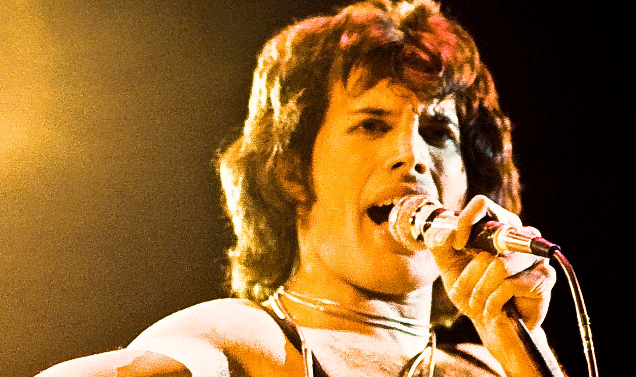 Freddie Mercury of Queen performs Live at the Forum on March 3, 1977 in Inglewood California.