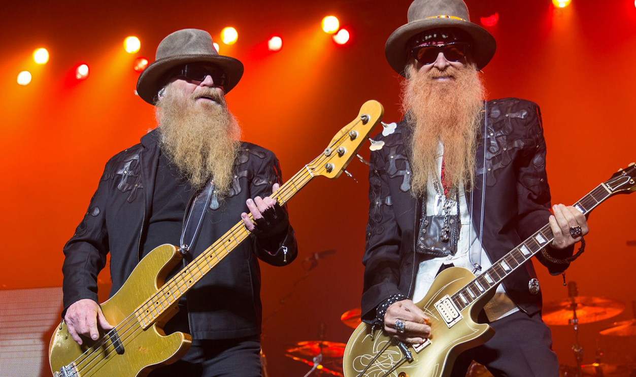 A photo showing ZZ Top performing at the Majestic Theatre in San Antonio, Texas in 2015.