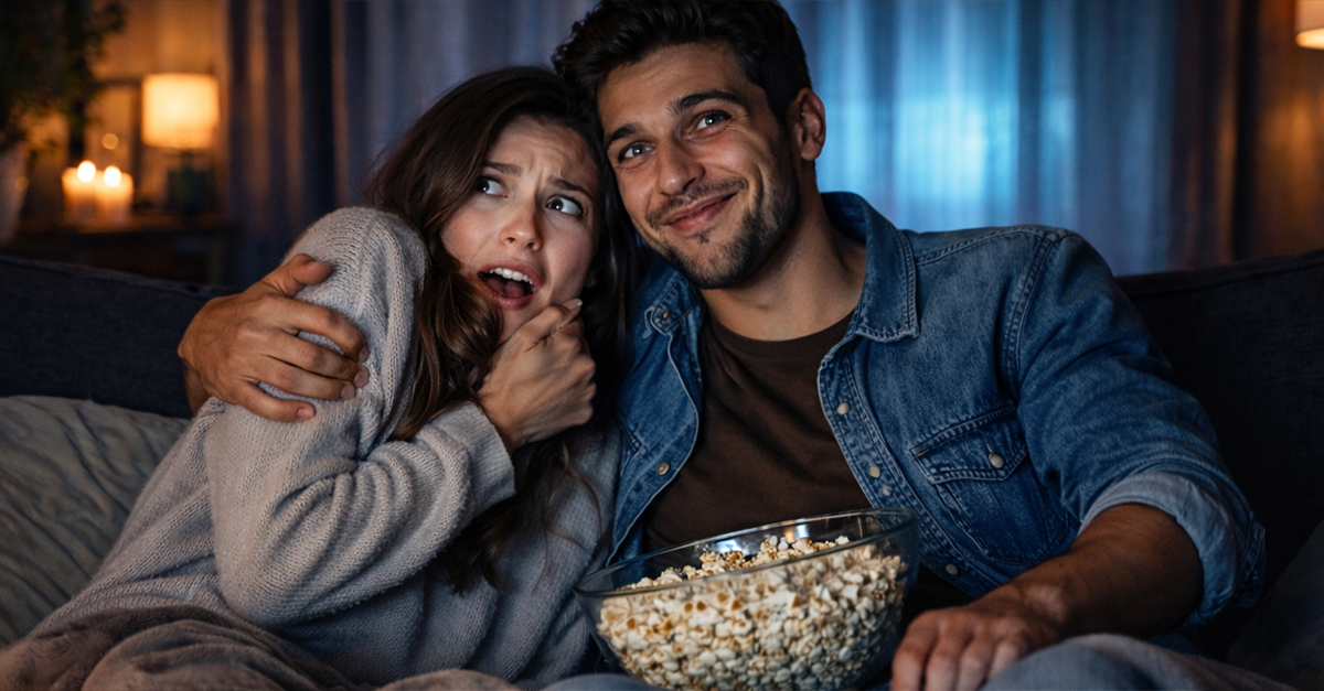 A couple watching a horror movie.