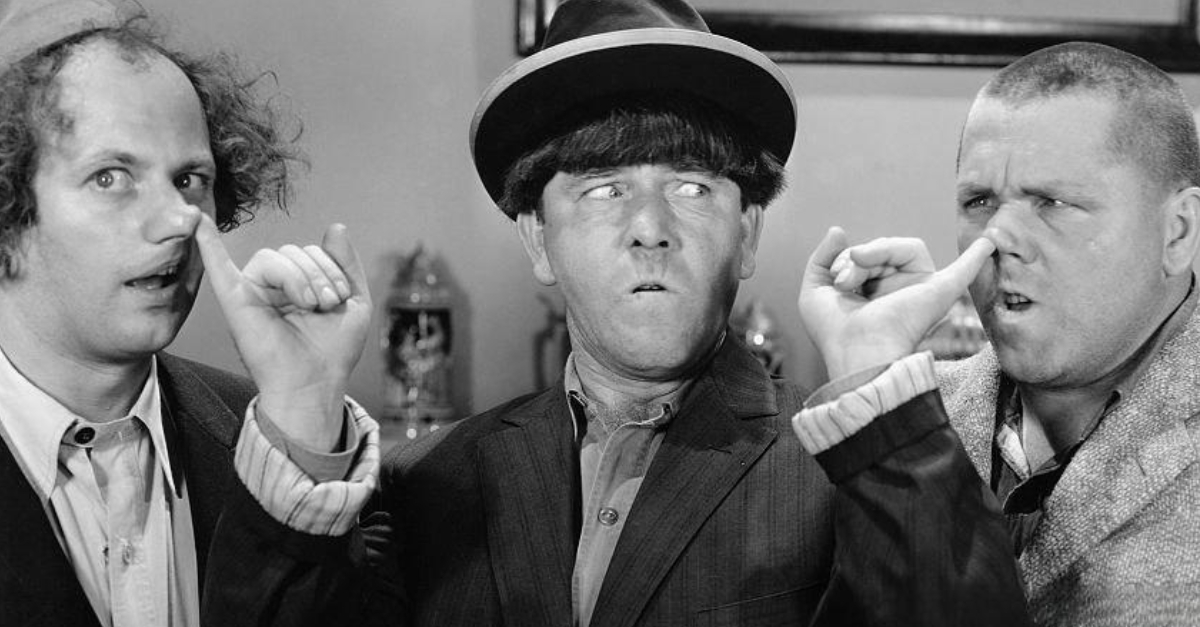 Moe takes control of the situation by placing his fingers in the nostrils of Larry and Curly