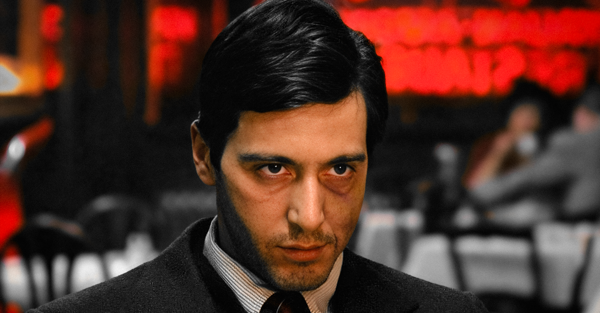 Screenshot of Al Pacino as Michael Corleone in the famous restuarant scene of The Godfather (1972)