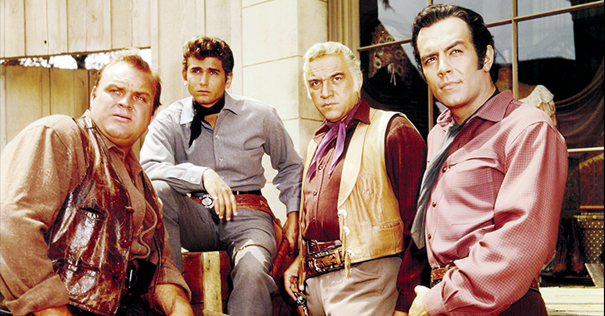 Cast of the TV western series 'Bonanza', circa 1965: Dan Blocker, Michael Landon, Lorne Greene, and Pernell Robert