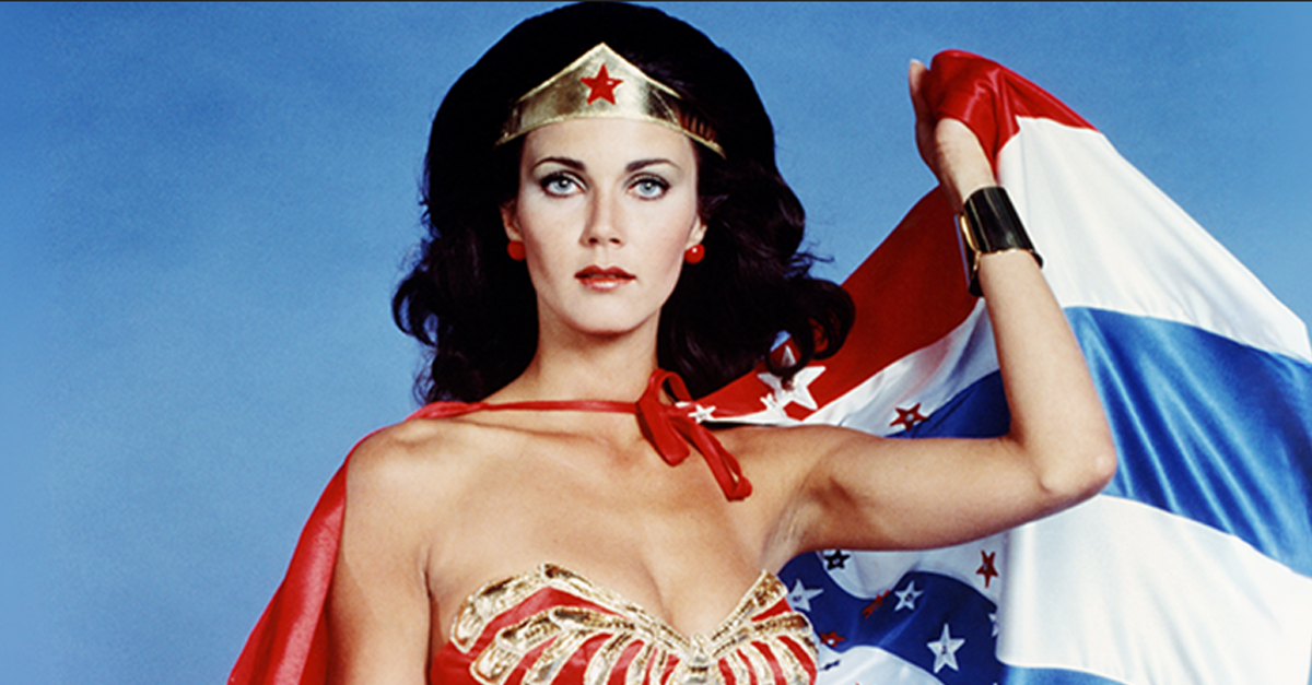 Actress Lynda Carter in costume in a studio portrait issued as publicity for the series 'Wonder Woman', circa 1977
