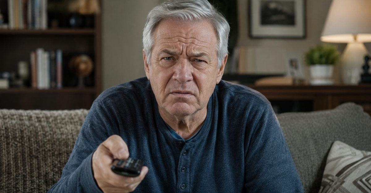Older man with remote control looking angry at camera