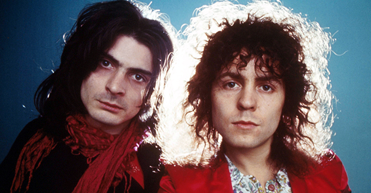 Percussionist Mickey Finn (1947 - 2003) and singer Marc Bolan (1947 - 1977) of T-Rex pose in 1972