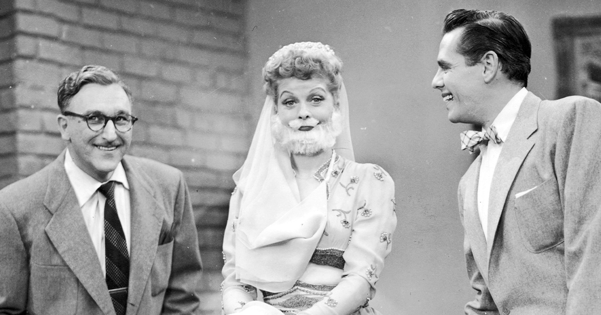 American comedienne Lucille Ball wearing harem pants and a false beard for 'The Moustache', an episode of the television series 'I Love Lucy', 1952.