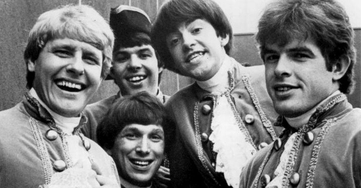 Publicity photo of Paul Revere and the Raiders. From left: Paul Revere, Mike "Smitty" Smith, Phil "Fang" Volk, Mark Lindsay, Drake Levin.