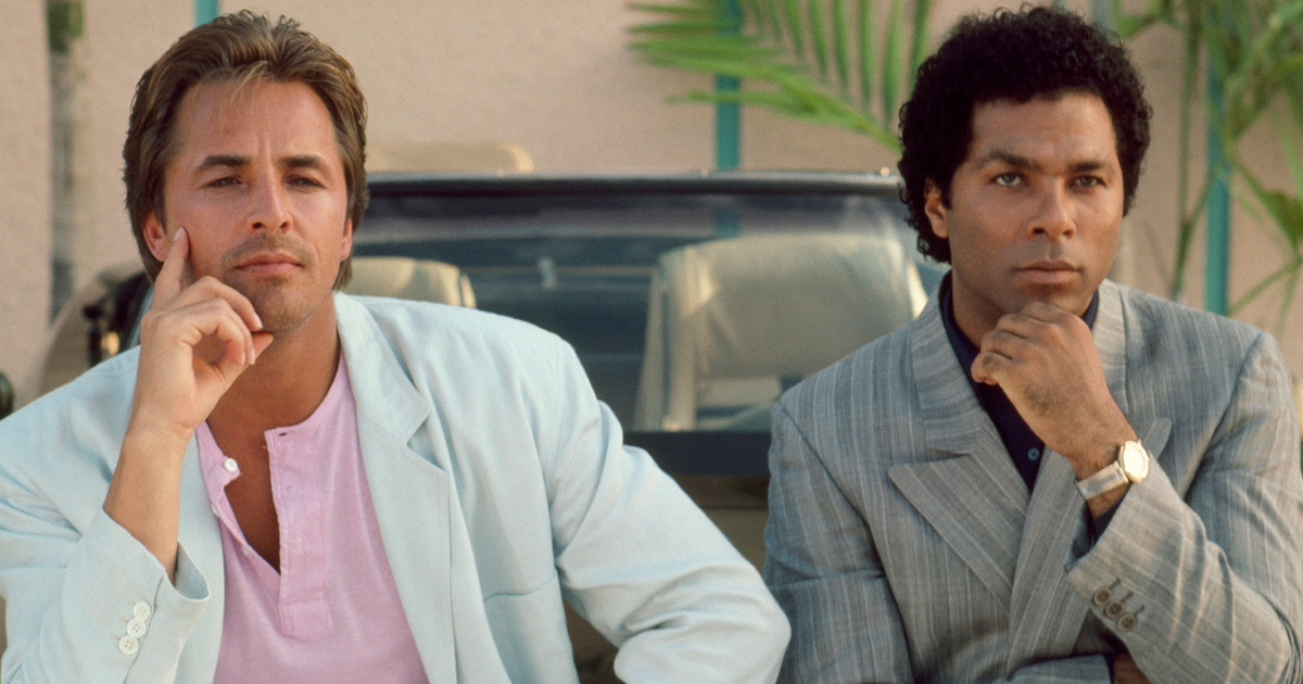 Don Johnson as Detective James "Sonny" Crockett and Philip Michael Thomas as Detective Ricardo "Rico" Tubbs in the TV series Miami Vice