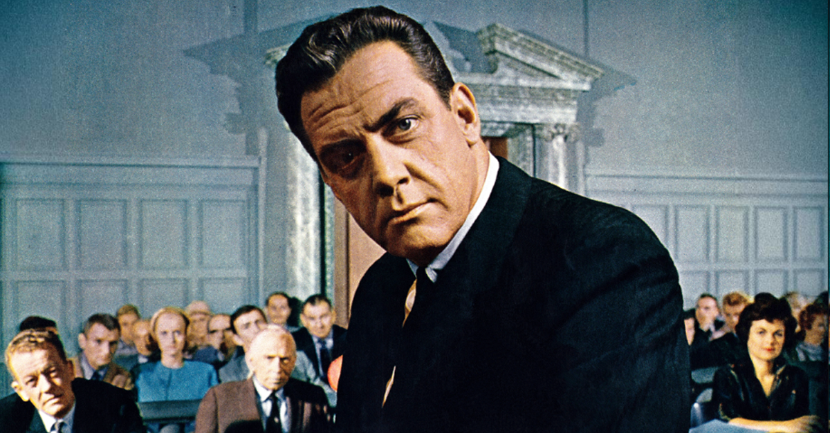 Photograph of Raymond Burr and other cast members on the set of the CBS-TV series Perry Mason, from the front cover of Look magazine