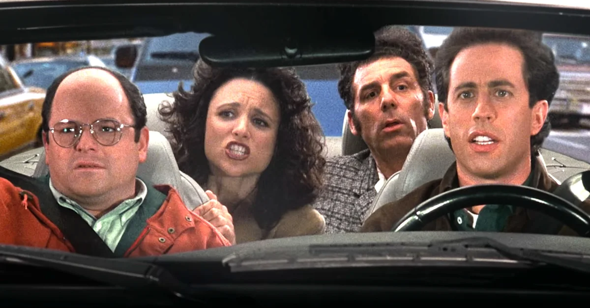 Screenshot of actors Jason Alexander, Julia Louis-Dreyfus, Michael Richards, and Jerry Seinfeld in the Seinfeld episode “The Puerto Rican Day” (1998)
