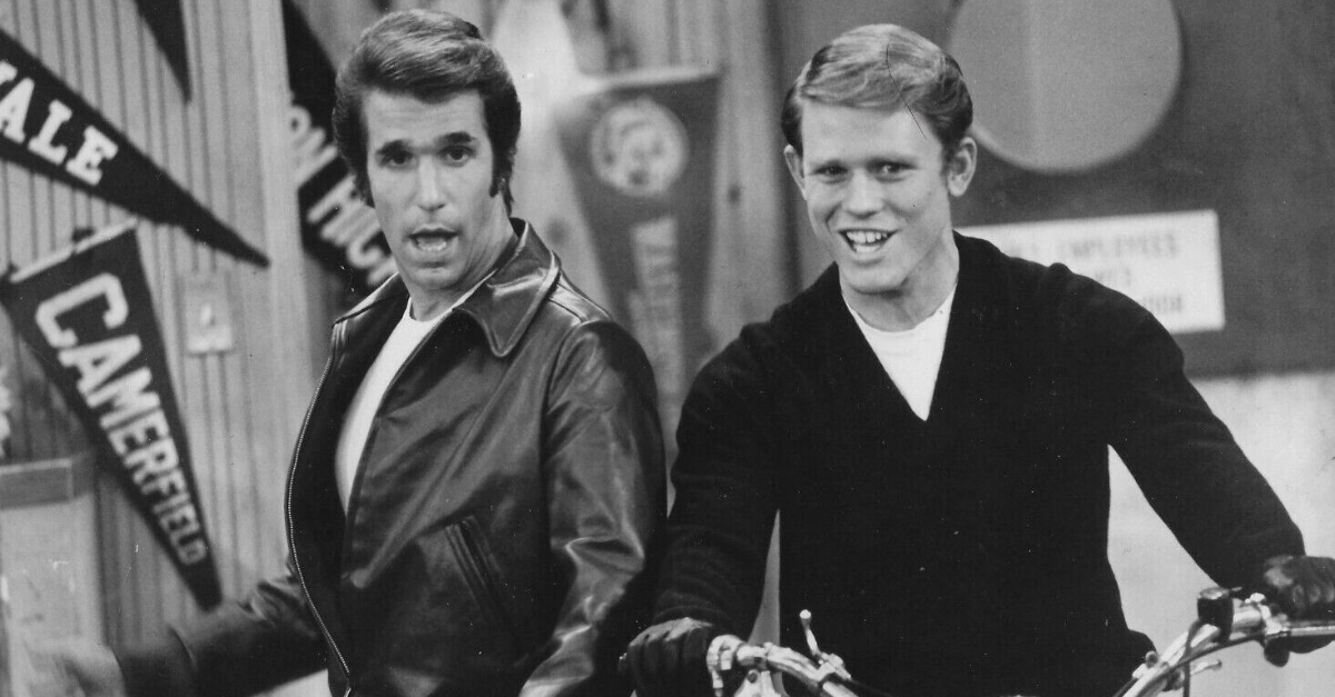 Publicity photo of Fonzie (Henry Winkler) and Richie (Ron Howard) from Happy Days.
