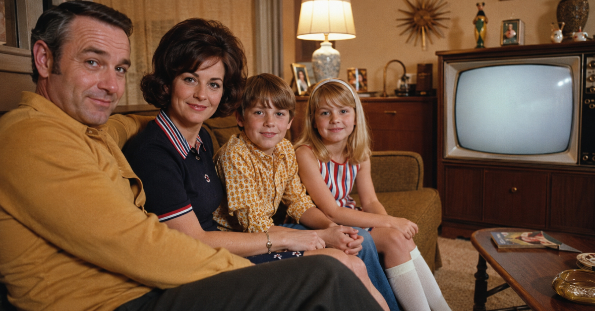 1960s family on couch in living room
