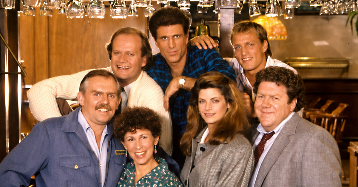 The cast of Cheers, from left: John Ratzenberger, Kelsey Grammer, Rhea Perlman, Ted Danson, Kirstie Alley, Woody Harrelson, and George Wendt (1987)