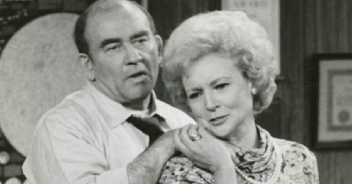 Publicity photo of Ed Asner (Lou Grant) and Betty White (Sue Ann Nivens)