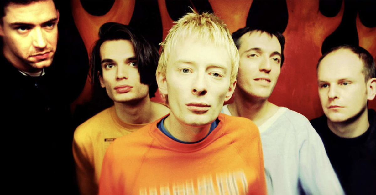 British rock group Radiohead, (clockwise L) , singer/guitarist Ed O'Brien, guitarist Jonny Greenwood, lead singer Thom Yorke, bassist Colin Greenwood and drummer Phil Selway pose for a 1993 portrait in New York City, New York.