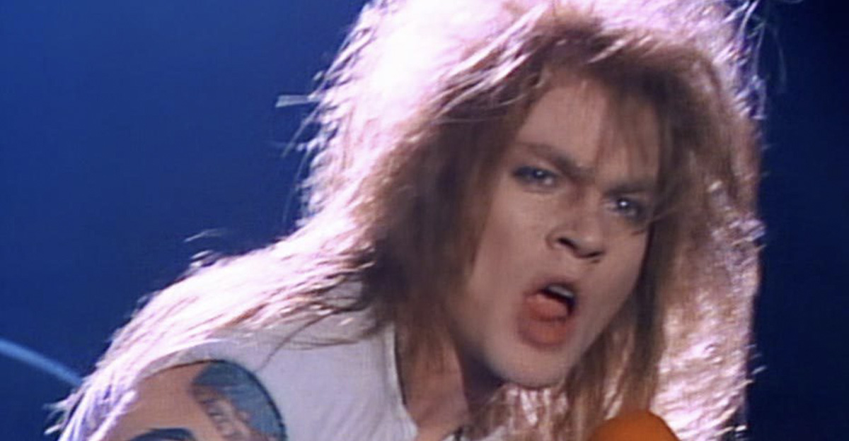 Screenshot of Axl Rose in the Welcome To The Jungle music video (1987)