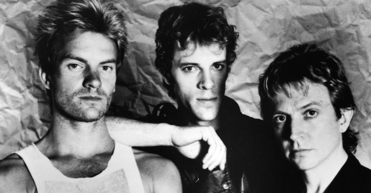 A promotional portrait of the British rock band The police (L-R)" Sting, Stewart Copeland, and Andy Summers, circa 1983.